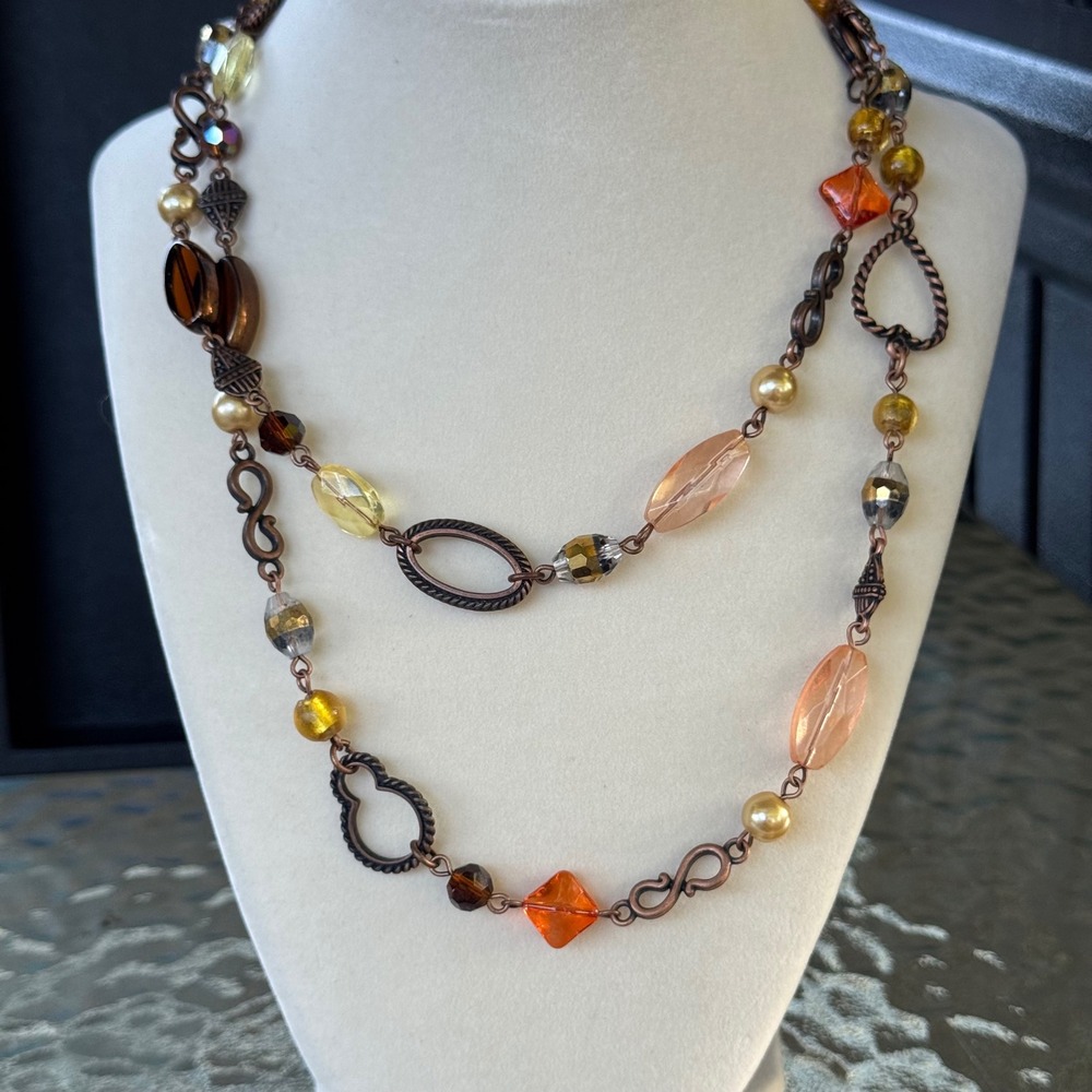 VTG Boho Layered Necklace Copper‎ Tone Beaded Statement Fashion Jewelry